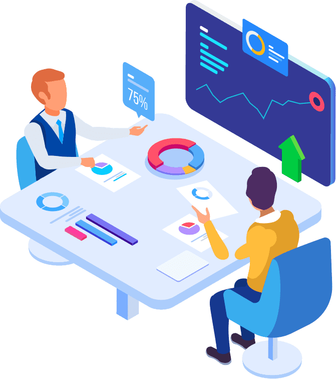 uma mesa com duas pessoas vendo graficos