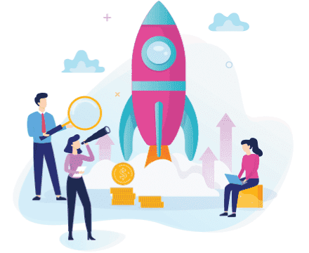 desenho de pessoas perto de um foguete